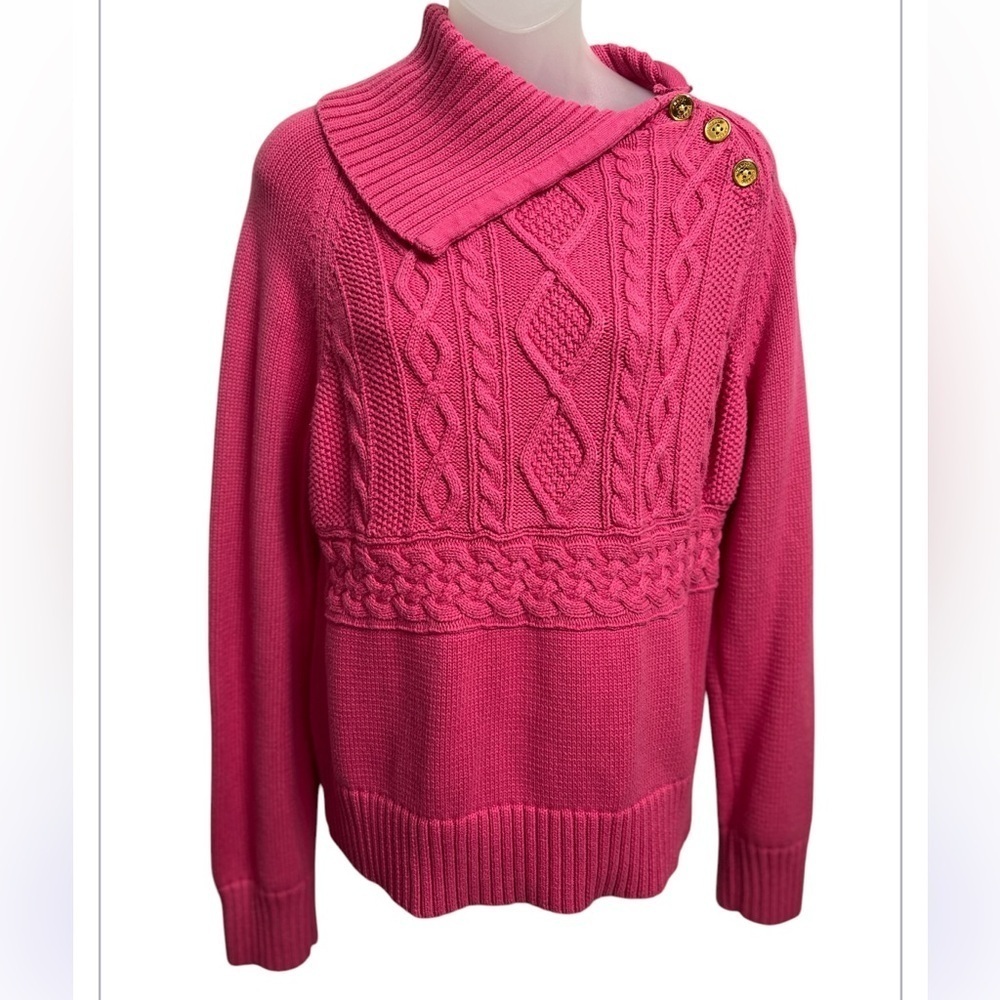 Pink Cable Knit 3 Button Sweater. 3 Button Shoulder Closure. Cowl Neck XL